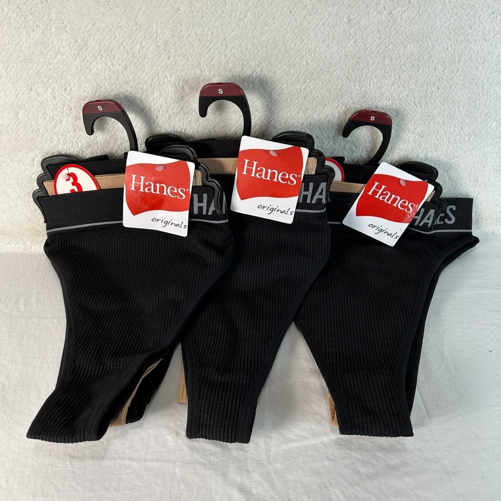 Hanes Originals Women Small Black Tan Ribbed Thong Underwear 9-Pack Lot MHBP11 - Picture 2 of 5